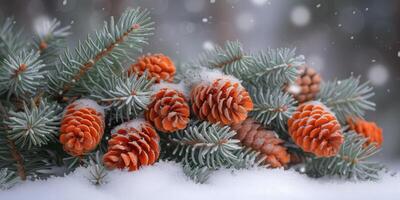 AI generated Pine Cones Resting on Snow Covered Ground photo