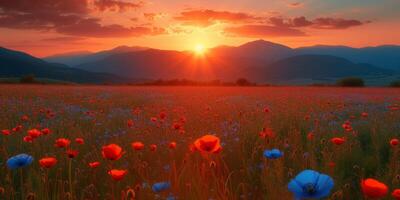 AI generated Vibrant Field of Flowers With Setting Sun in Background photo