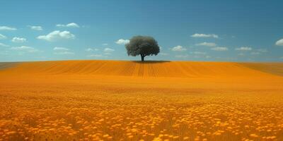 ai generado solitario árbol en medio de un floreciente dorado campo debajo un claro azul cielo foto