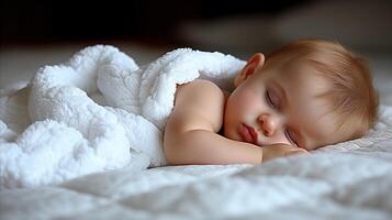 ai generado dulce bebé dormido en blanco cobija foto