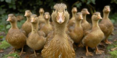 ai generado grupo de patos en pie juntos en el aguas borde foto