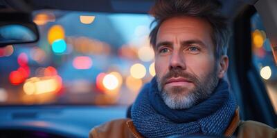 AI generated Man in Car With Scarf Wrapped Around Neck photo