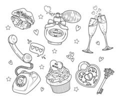 Vector set of cute valentine's day illustrations. Doodle sketches of romantic objects. Colouring page