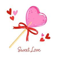 Hand drawn vector illustration of a lollipop on a stick with a bow. Candy in the shape of a heart for valentine's day