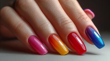 AI generated Colorful manicure on female hand, fashionable nail art design photo