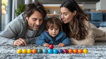 ai generado joven familia disfrutando Tiempo de juego con vistoso juguete pelotas en piso foto