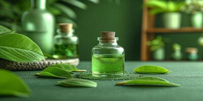 ai generado esencial petróleo en transparente botella con verde hojas en mesa foto