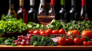 AI generated Assorted Vegetables and Wine Bottles on Wooden Table photo