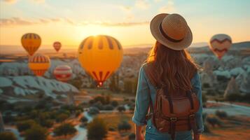 AI generated Woman With Backpack Observing Hot Air Balloons photo