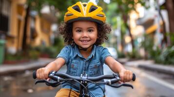 AI generated Little Girl Riding Bike Down Street photo