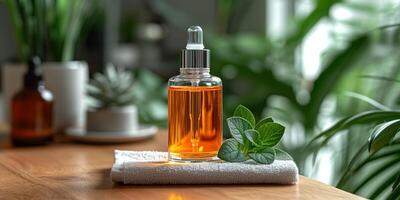 AI generated Essential oil with dropper on towel with green plant decor photo