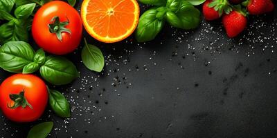 AI generated Fresh Tomatoes, Basil, and Oranges on Black Background photo