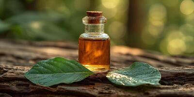 AI generated Essential oil in glass bottle with green leaves on wooden surface photo