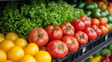 AI generated Fresh vegetables display at market stall with variety of organic produce photo