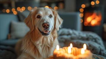 ai generado dorado perdiguero celebrando cumpleaños con pastel y velas foto