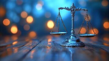 AI generated Classic justice scales on wooden table with ethereal blue glow photo