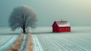 ai generado sereno invierno paisaje con cubierto de nieve campos y rojo granero foto