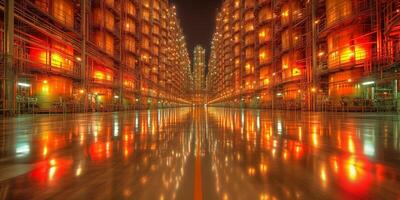 AI generated Illuminated industrial facility at night with reflections on wet surface photo