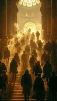 AI generated Backlit silhouettes of people walking up grand staircase in a historic building photo