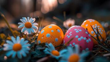 AI generated A photo of painted eggs in a garden filled with daisies