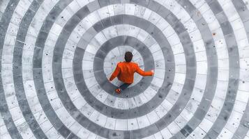 ai generado hombre en naranja camisa en pie en circular modelo foto