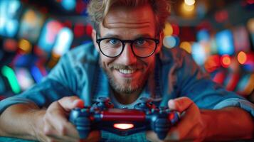 ai generado hombre con lentes comprometido en vídeo juego foto