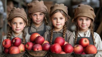 AI generated Vintage dressed children with fresh apples in rustic setting photo