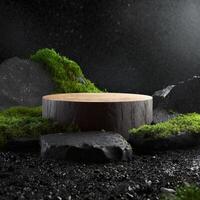 AI generated Generated image of wooden podium with rocks and moss. Suitable for displaying cosmetic products and natural products photo