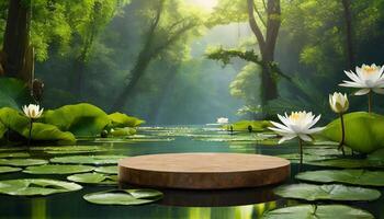 AI generated Generated image of empty podium in the middle of the lake with water lilies. Suitable for displaying products made from natural materials and natural nuances photo