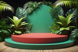 AI generated 3d podium with foliage. Suitable for natural themed product stands photo