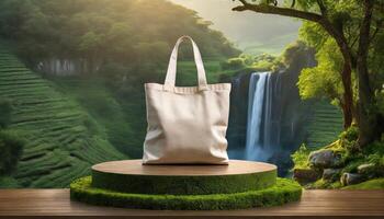 AI generated Generated image of plain tote bag on the podium with a fresh natural view. Suitable for bag mockups photo