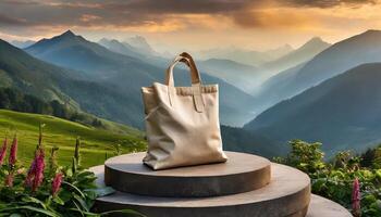 AI generated Generated image of plain tote bag on the podium with a fresh natural view. Suitable for bag mockups photo