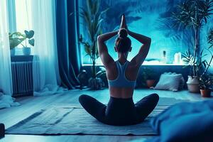 ai generado joven mujer meditando en su habitación con azul Encendiendo foto