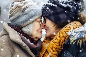 AI generated Caring Daughter Embracing Elderly Mother in Winter photo