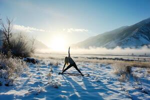 AI generated Sunrise Yoga Pose on Frozen Lakeside photo