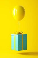 AI generated Vibrant Yellow Balloon Over Blue Gift Box photo