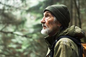 AI generated Elderly Hiker Observing Forest Greenery photo