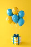 AI generated Blue and Yellow Balloons with Striped Gift photo