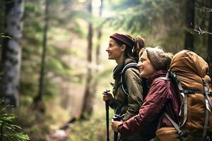 AI generated Hikers Enjoying a Lush Forest Trail photo