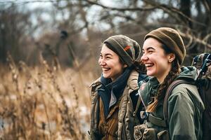 AI generated Two Laughing Young Women Enjoying Hike photo