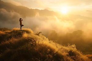 AI generated A young woman practices yoga at dawn on a hilltop photo