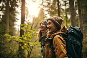 AI generated Two Happy Smiling Girl Enjoying Forest Hike photo