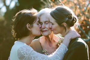 AI generated Daughter, Mother Kiss Elderly Grandmother photo