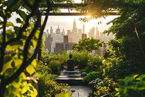 AI generated Morning Yoga in Urban Rooftop Garden photo