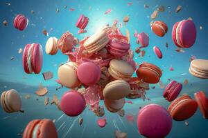 AI generated Enchanting macaroons falling on elegant blue backdrop, ideal for culinary concepts photo