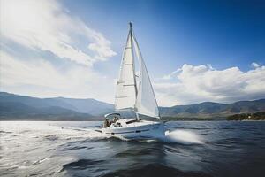 AI generated Luxury Yacht Sailing in Open Sea with Stunning Mountain Backdrop, Clear Blue Sky, and White Clouds photo