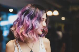 AI generated Cheerful young woman with vibrant and multicolored curly hair indoor photo