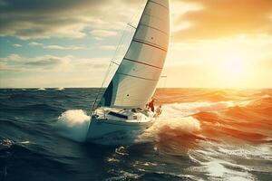 AI generated Mesmerizing Extravagant Luxury Yacht Sailing in the Boundless Open Seas at Majestic Sunset photo