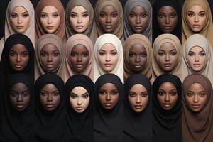 ai generado diverso grupo de maravilloso mujer en hijab con natural belleza y impecable protección de la piel foto