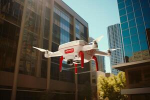 AI generated Drone soaring over vibrant cityscape filled with skyscrapers, capturing mesmerizing urban panorama photo